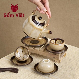 Bộ ấm chén men hỏa biến dáng vuông cạnh quai đồng, dung tích 400ml - Gốm sứ Bát Tràng - Gốm Việt
