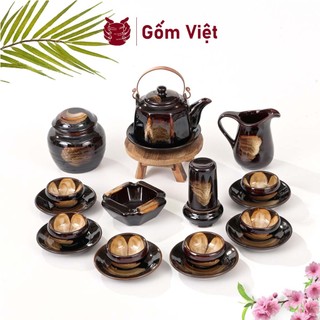 Bộ ấm chén men hỏa biến dáng vuông cạnh quai đồng, dung tích 400ml - Gốm sứ Bát Tràng - Gốm Việt