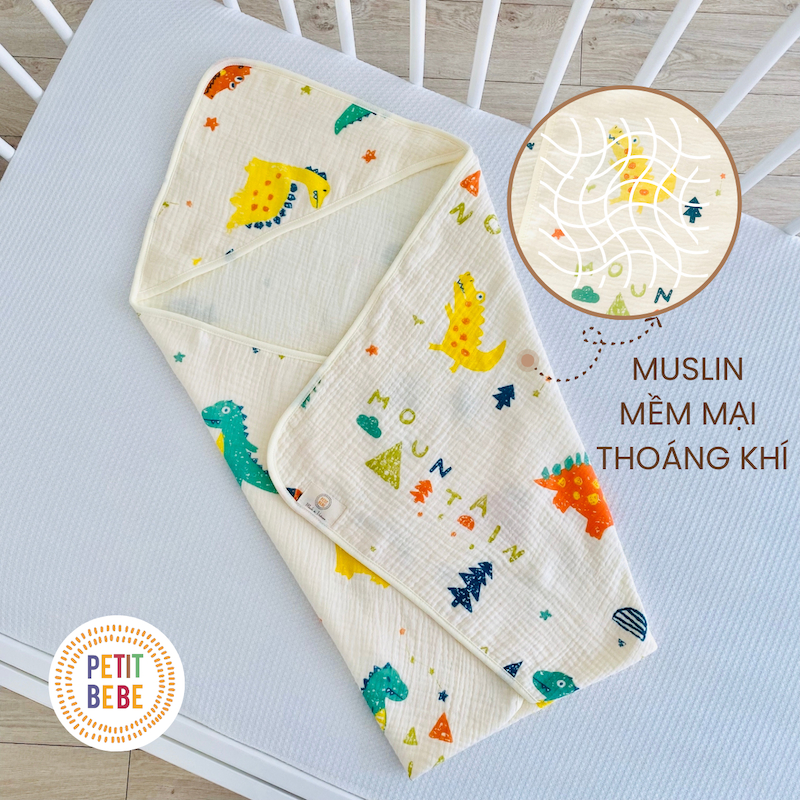 Ảnh Khăn choàng ủ sơ sinh có mũ PETIT BEBE muslin 4 lớp thoáng khí mềm mại nhiều họa tiết dễ thương 4