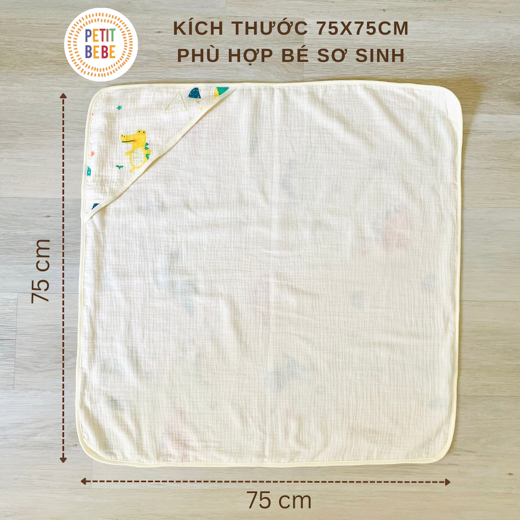 Ảnh Khăn choàng ủ sơ sinh có mũ PETIT BEBE muslin 4 lớp thoáng khí mềm mại nhiều họa tiết dễ thương 3
