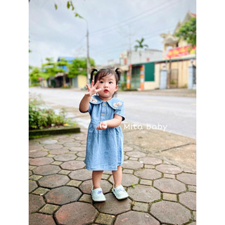 [7-16kg] Váy bé gái - váy Jeans mềm cổ sen đính nơ cho bé gái váy bò dáng babydoll siêu XINH - Hàng Thiết Kế