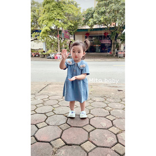 [7-16kg] Váy bé gái - váy Jeans mềm cổ sen đính nơ cho bé gái váy bò dáng babydoll siêu XINH - Hàng Thiết Kế