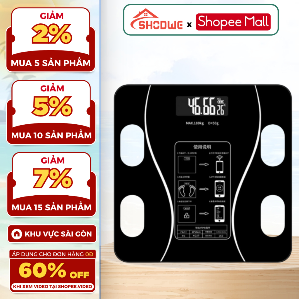 Cân Sức Khỏe Điện Tử Bluetooth SHODWE, Mặt Kính Cường Lực Chịu Tải ...