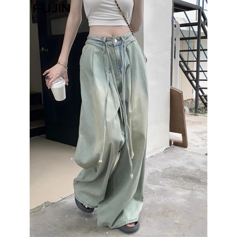 Quần Bò Jeans Nữ Ống Rộng, Quần Bò Denim Suông Ống Rộng Trơn Màu Xanh Bạc Kèm Dây Bản Cạp Cao Siêu Hách Dáng Cực Đỉnh