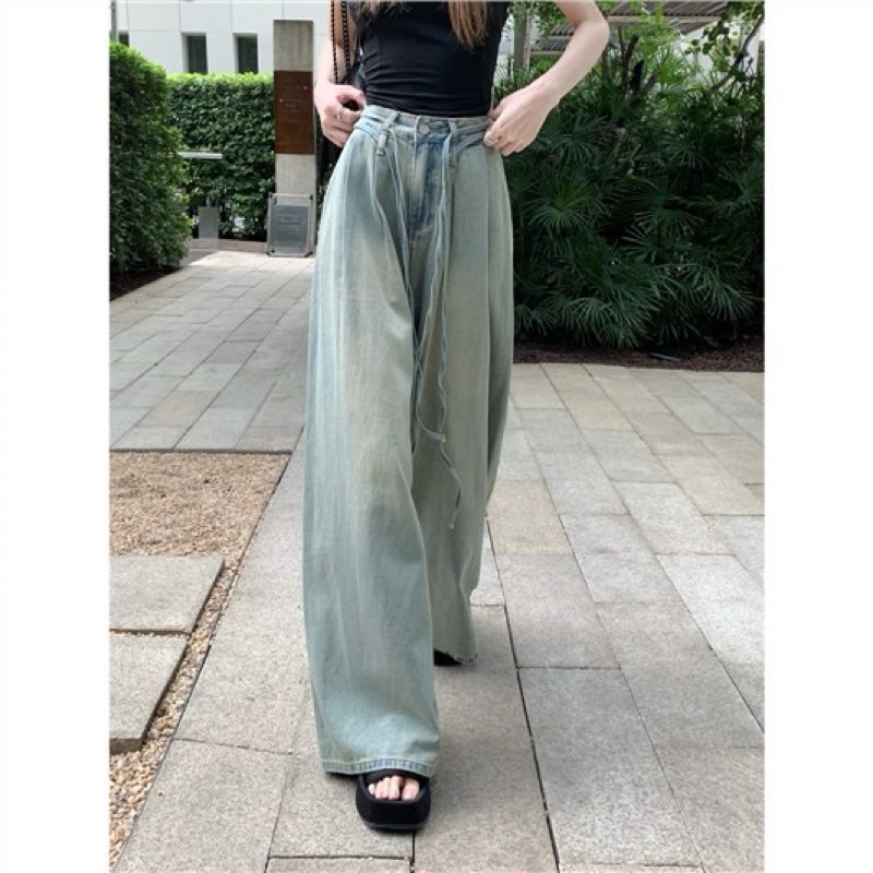 Quần Bò Jeans Nữ Ống Rộng, Quần Bò Denim Suông Ống Rộng Trơn Màu Xanh Bạc Kèm Dây Bản Cạp Cao Siêu Hách Dáng Cực Đỉnh