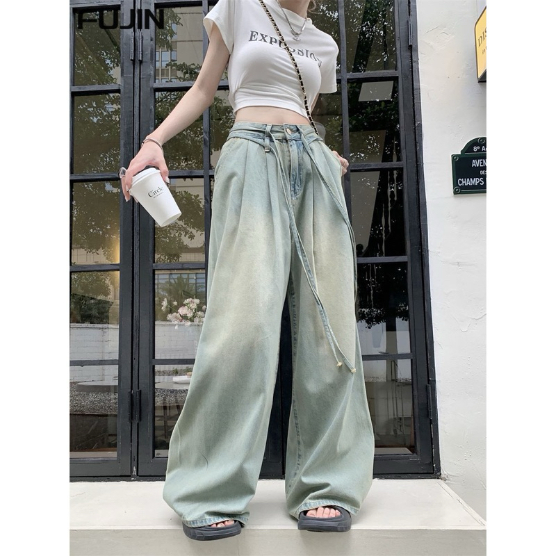Quần Bò Jeans Nữ Ống Rộng, Quần Bò Denim Suông Ống Rộng Trơn Màu Xanh Bạc Kèm Dây Bản Cạp Cao Siêu Hách Dáng Cực Đỉnh