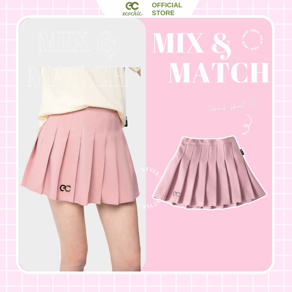 Chân Váy Tennis Xếp Ly Chính Hãng ECOCHIC Dáng Xoè Ngắn Cạp Cao Có Lót Trong Màu Trắng Đen Xám Hồng Nâu F537