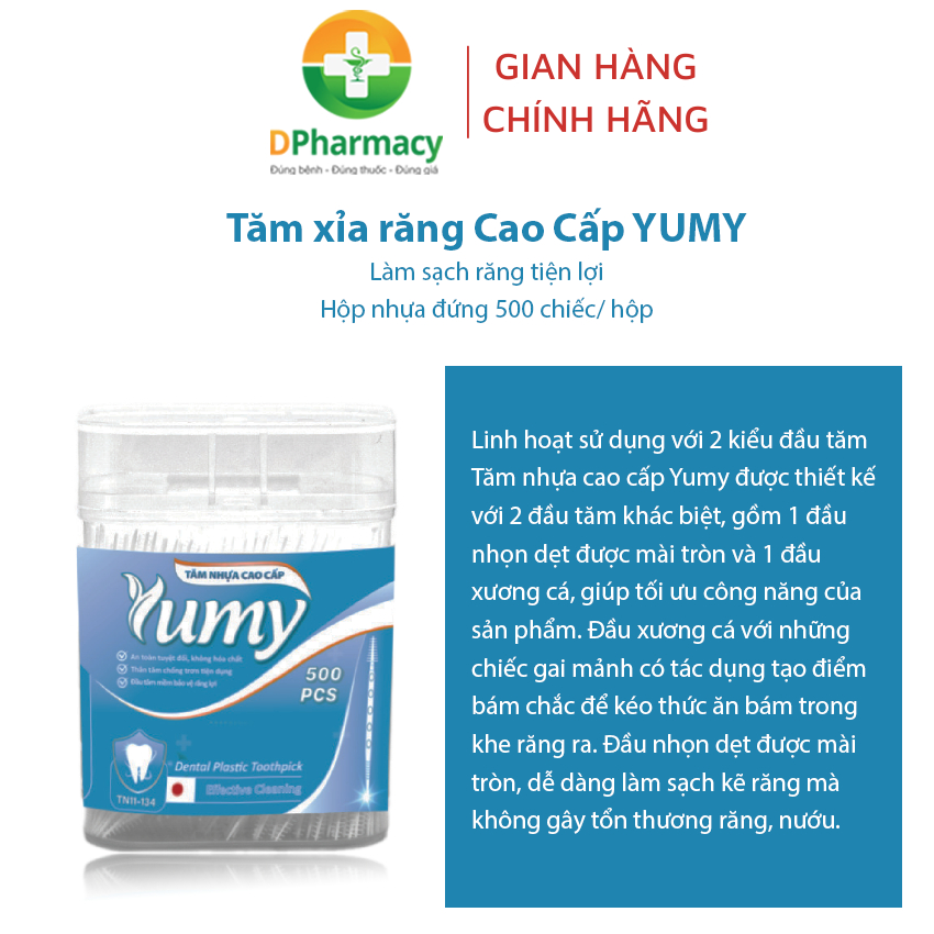 Tăm xỉa răng Cao Cấp YUMY, làm sạch răng tiện lợi, hộp nhựa đứng 500 chiếc/ hộp