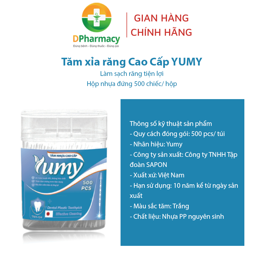 Tăm xỉa răng Cao Cấp YUMY, làm sạch răng tiện lợi, hộp nhựa đứng 500 chiếc/ hộp