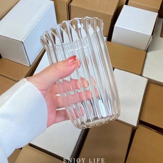 Bộ 6 Ly thủy tinh siêu mỏng 420ml, ly không đáy, cốc sọc loe miệng bông hoa, ly dùng cho quán cafe
