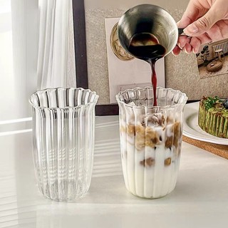 Bộ 6 Ly thủy tinh siêu mỏng 420ml, ly không đáy, cốc sọc loe miệng bông hoa, ly dùng cho quán cafe