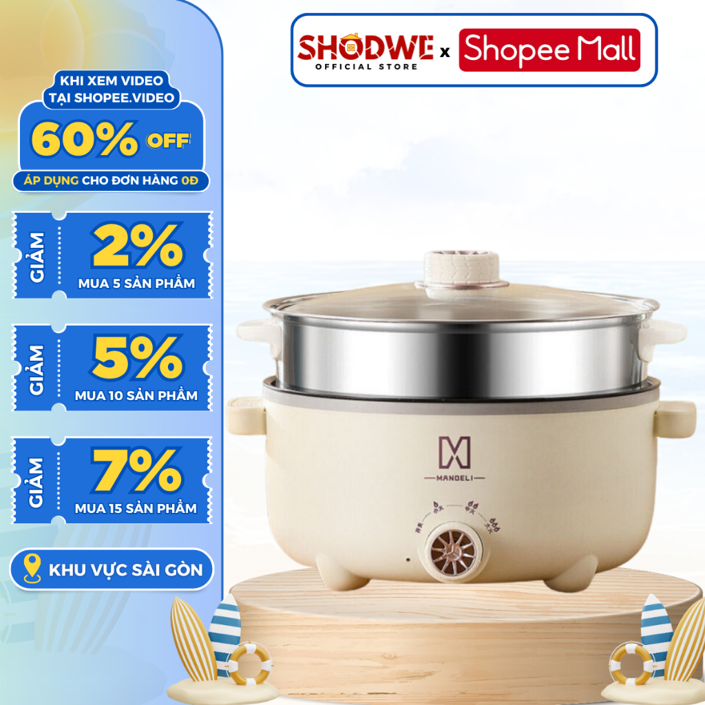 Nồi Lẩu Điện Đa Năng SHODWE Dung Tích 4L Công Suất 1000W Núm 3 Mức Điều ...