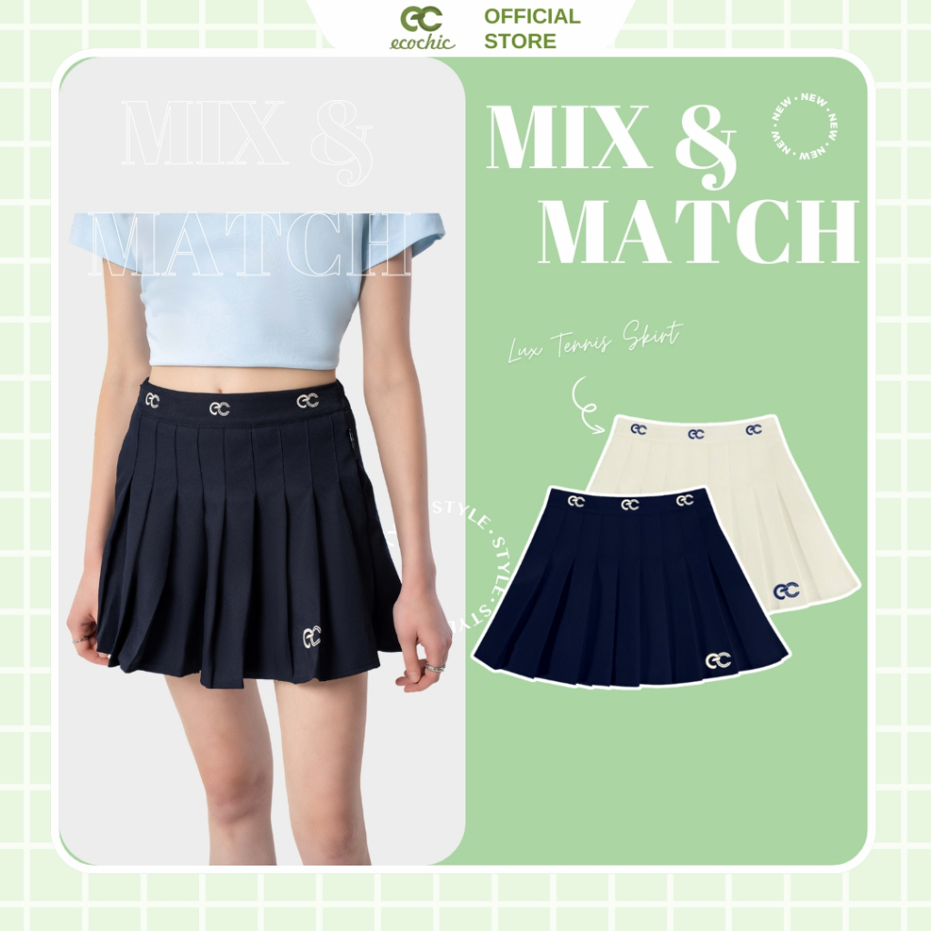 Chân Váy Tennis Xếp Ly Chính Hãng ECOCHIC Logo Thêu Dáng Xoè Ngắn Cạp Cao Có Lót Trong Màu Trắng Be Than B037