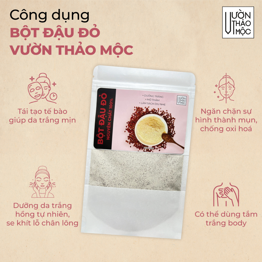 Ảnh Bột đậu đỏ Vườn Thảo Mộc nguyên chất 100% Organic, đắp mặt nạ dưỡng da, tắm trắng, tẩy sạch da chết 3