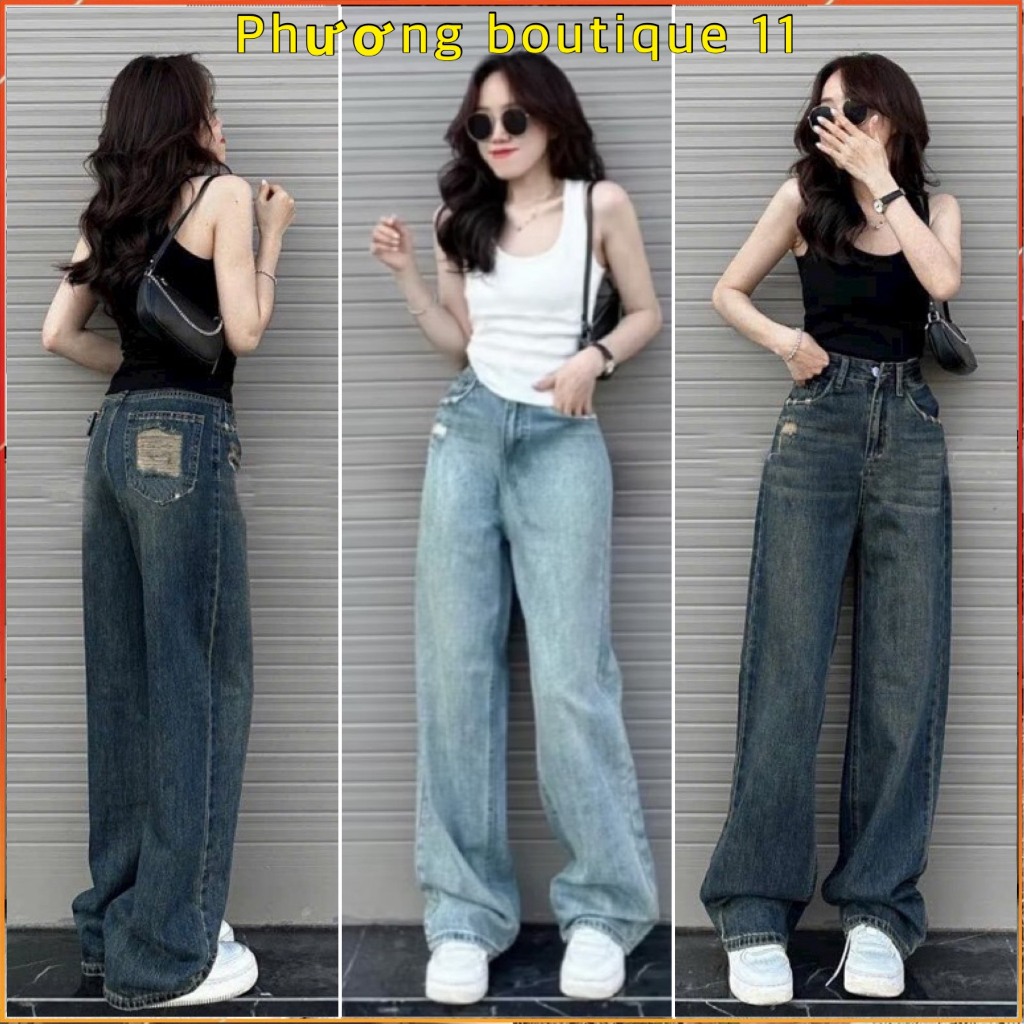 Quần ống rộng rách túi, quần suông jean thiết kế rách thời trang