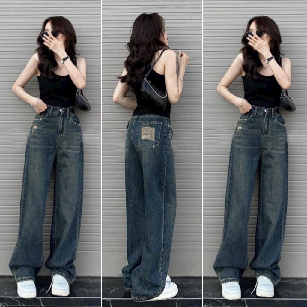 Quần ống rộng rách túi, quần suông jean thiết kế rách thời trang