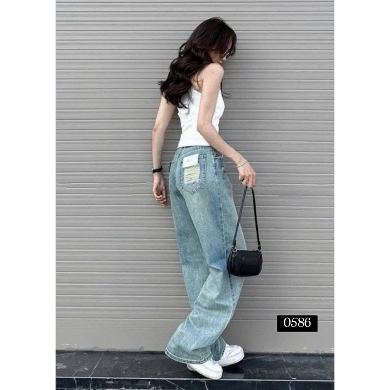 Quần Jean Ống Suông Cạp Cao, Quần Ống Rộng Thiết Kế Rách Túi Sau