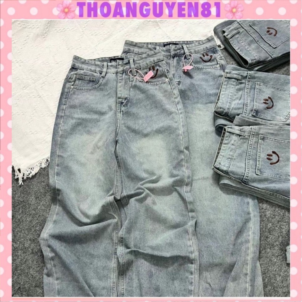 Quần Jean Ống Rộng Cạp Cao, Quần Jean Thêu Mặt Cười Mới Về Siêu Hót
