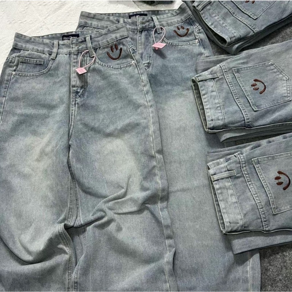 Quần Jean Ống Rộng Cạp Cao, Quần Jean Thêu Mặt Cười Mới Về Siêu Hót
