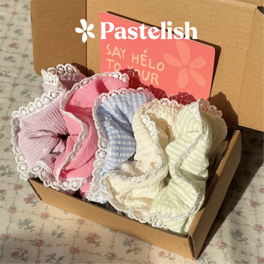 Set Combo HỘP 5 Scrunchies Dây Cột Tóc Vải Xốp Phối Ren Dễ Thương - Tặng hộp ruy băng