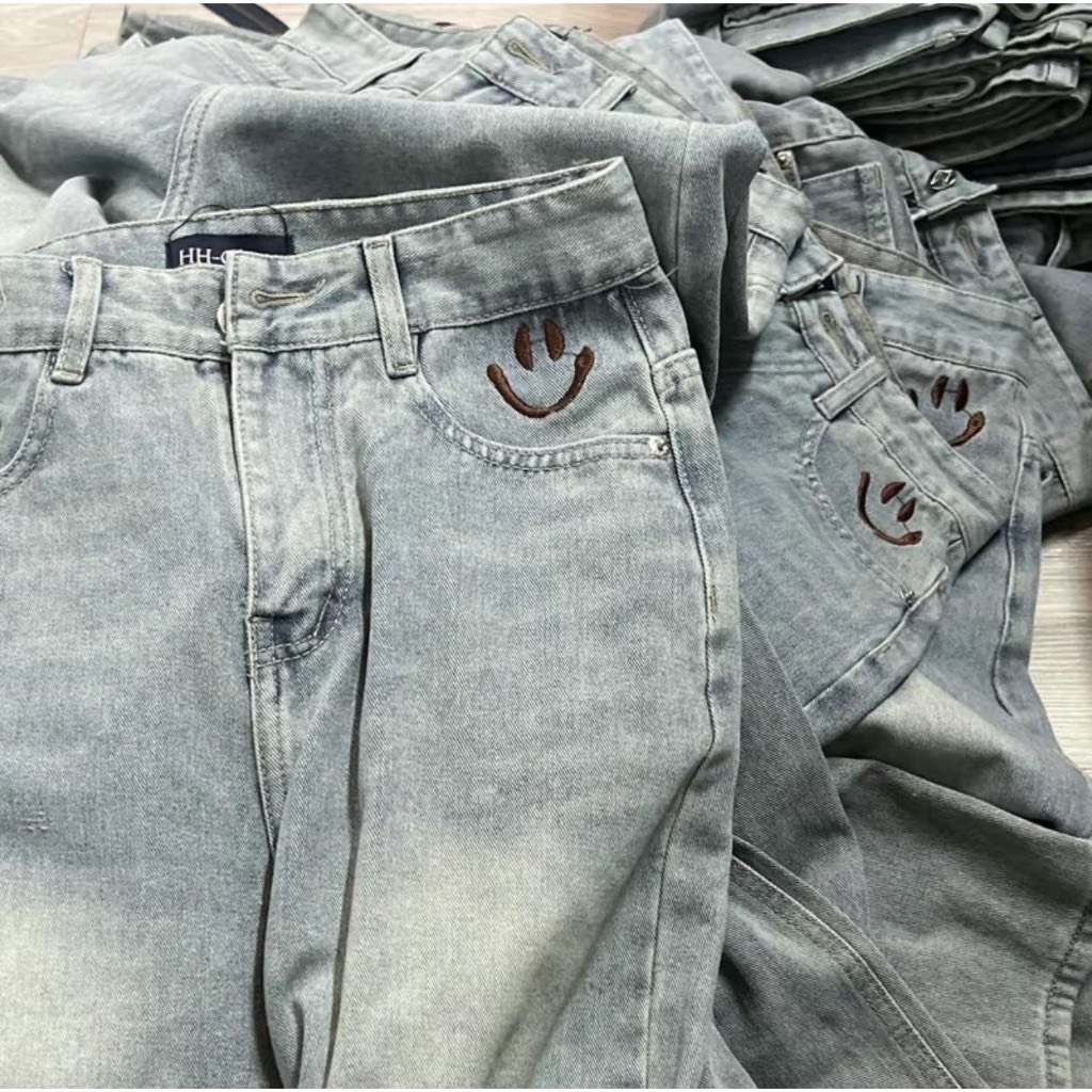 Quần Jean Ống Rộng Cạp Cao, Quần Jean Thêu Mặt Cười Mới Về Siêu Hót