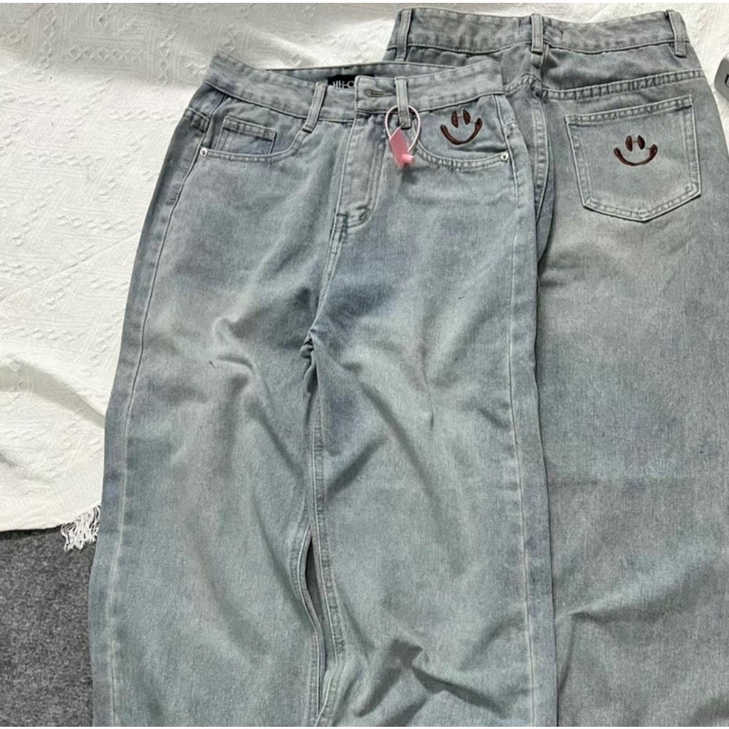 Quần Jean Ống Rộng Cạp Cao, Quần Jean Thêu Mặt Cười Mới Về Siêu Hót
