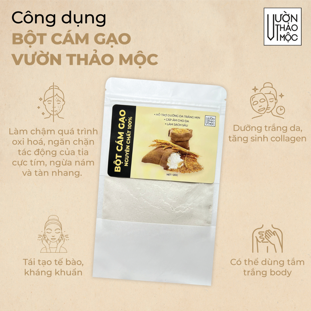 Ảnh Bột cám gạo Vườn Thảo Mộc nguyên chất 100% Organic,dưỡng trắng da mặt và body, chống lão hóa mờ thâm 3