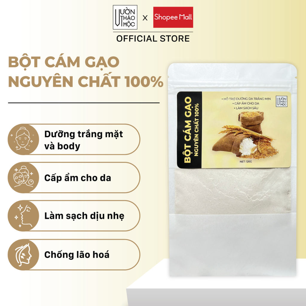 Ảnh Bột cám gạo Vườn Thảo Mộc nguyên chất 100% Organic,dưỡng trắng da mặt và body, chống lão hóa mờ thâm 1