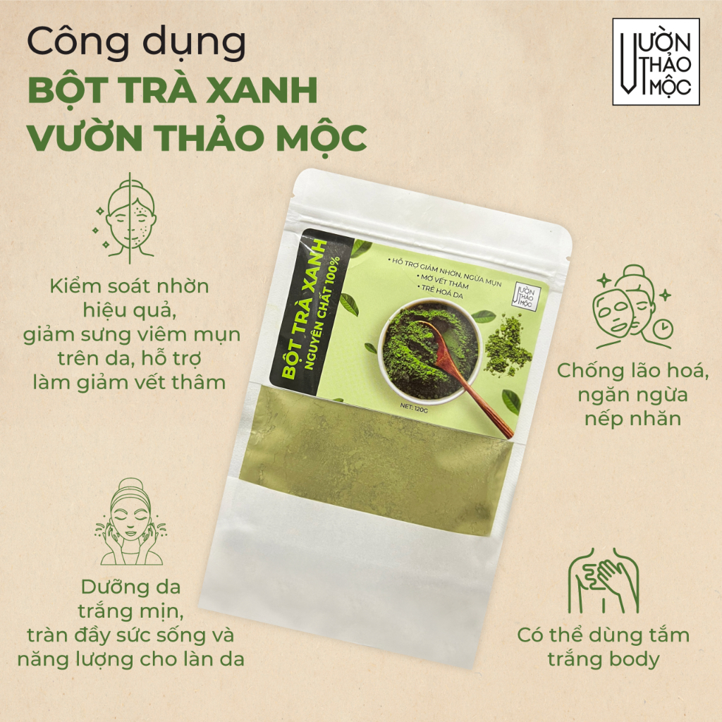 Ảnh Bột trà xanh Vườn Thảo Mộc nguyên chất 100%, hỗ trợ giảm nhờn, ngừa sưng giảm thâm, phục hồi làn da 3