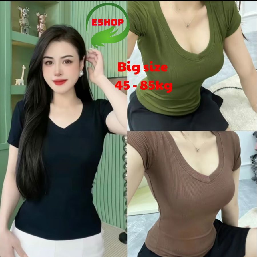 Áo Thun Cổ Tim Tay Ngắn ESHOP Áo Thun Nữ Bigsize Áo Phông Kiểu Trơn Xinh Form Ôm Đẹp Dễ Thương MS016
