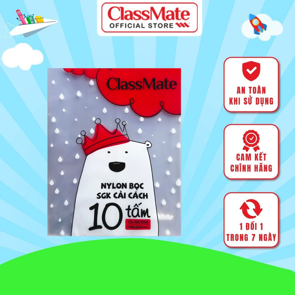 Bọc Sách Giáo Khoa Cải Cách ClassMate Nhựa Trong, Bền, Chống Thấm Dùng Cho Sách Có Kích Thước 19x26.5cm NC204 (10Tờ/Túi)