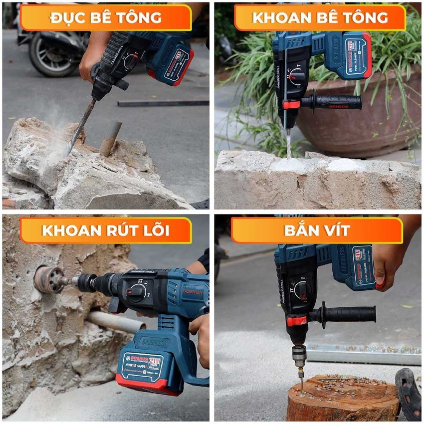 [TẶNG MŨI KHOAN] Máy Khoan Đục Bê Tông 3 Chức Năng BS-G2803H Boshun, Đầu Kẹp Autolock, 100% Ruột Động, Không Chổi Than