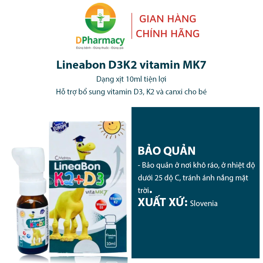 Lineabon D3K2 vitamin MK7 màu xanh dạng xịt tiện lợi hỗ trợ bổ sung vitamin D3, K2 và canxi cho bé