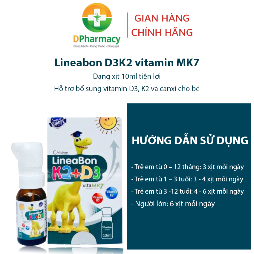 Lineabon D3K2 vitamin MK7 màu xanh dạng xịt tiện lợi hỗ trợ bổ sung vitamin D3, K2 và canxi cho bé