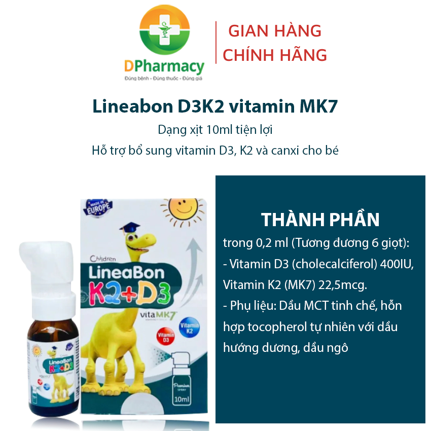 Lineabon D3K2 vitamin MK7 màu xanh dạng xịt tiện lợi hỗ trợ bổ sung vitamin D3, K2 và canxi cho bé