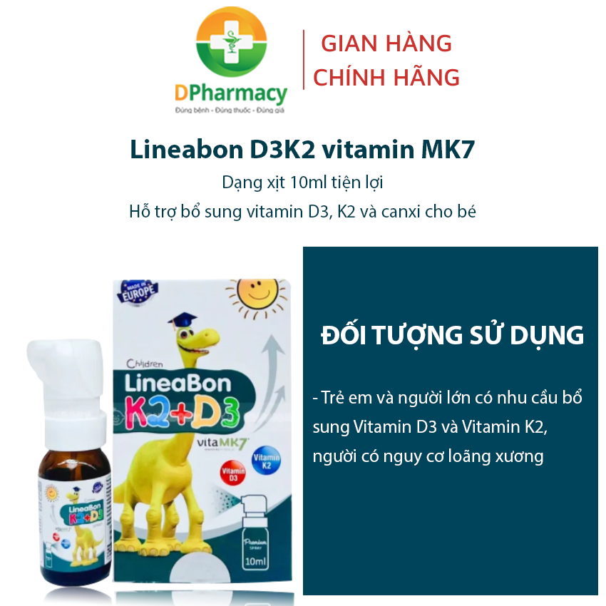 Lineabon D3K2 vitamin MK7 màu xanh dạng xịt tiện lợi hỗ trợ bổ sung vitamin D3, K2 và canxi cho bé