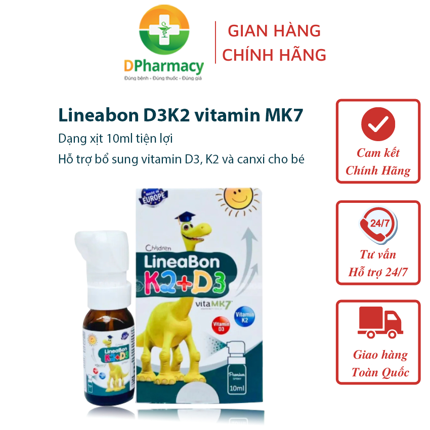 Lineabon D3K2 vitamin MK7 màu xanh dạng xịt tiện lợi hỗ trợ bổ sung vitamin D3, K2 và canxi cho bé