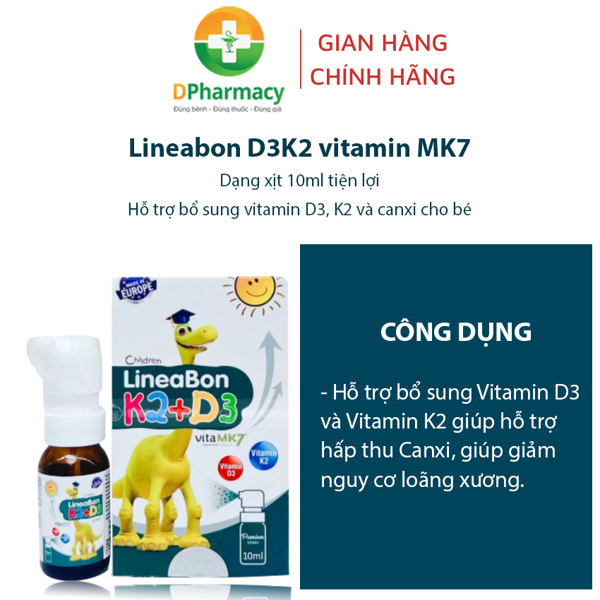 Lineabon D3K2 vitamin MK7 màu xanh dạng xịt tiện lợi hỗ trợ bổ sung vitamin D3, K2 và canxi cho bé