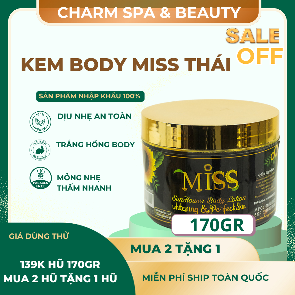 [MUA 2 TẶNG 1] Kem Body Miss Thái Lan hàng xách tay trắng bật tone hồng hào quyến rũ 170gr (có tem bảo hành và tem phụ)