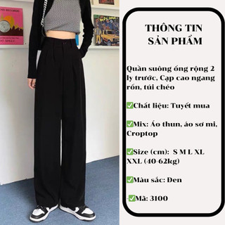 Quần Tây Ống Rộng Lưng Cao 247Store Màu Đen Dáng Dài 100cm Đi Học Đi Làm