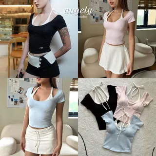Áo Thun Croptop Tay Ngắn Thắt Dây Cổ Augety Studio, Ivy Top