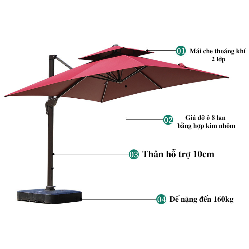 Ô lệch tâm hợp kim xoay 360 độ loại 3m x 3m nhập khẩu cao cấp đế hợp kim, đế nhựa đổ nước Chính Hãng