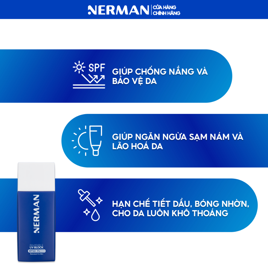Ảnh Kem chống nắng cho nam phổ siêu rộng, không màu, không mùi, dạng sữa, 7 màng lọc Nerman Invisible SPF 50+ Pa++++ 35g 1