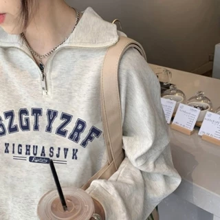 Áo Hoodie Cổ Polo Tay Dài Khóa Kéo Chất Nỉ Bông Dày Dặn In Chữ BRZ Phong Cách vintage Cho Nữ