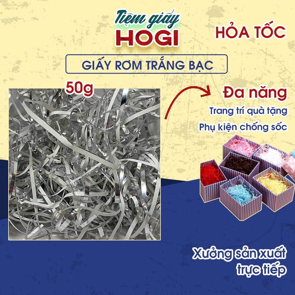 50g giấy rơm màu trắng bạc HOGI, giấy cắt sợi lót hộp quà chống sốc ...