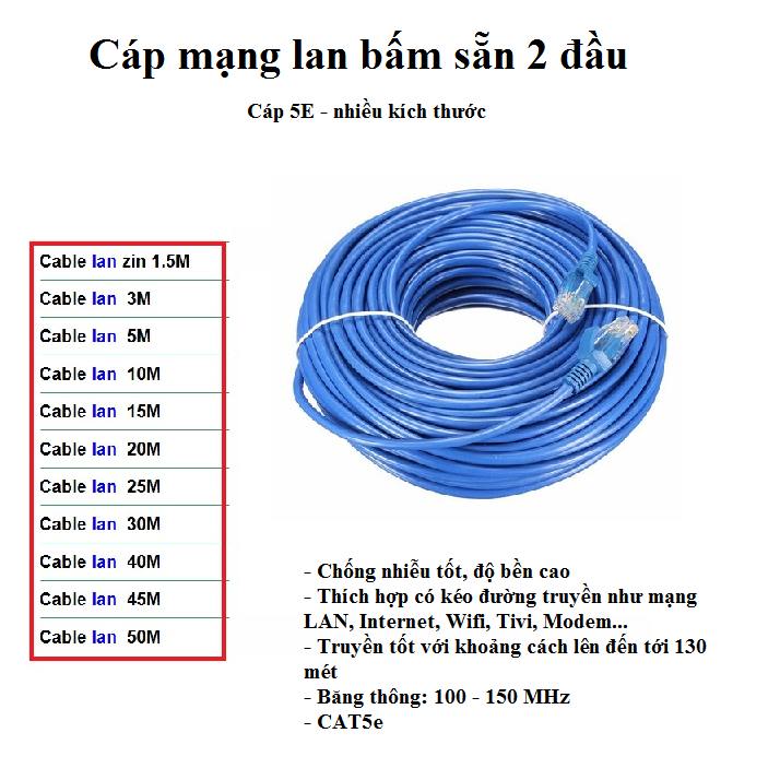 Dây mạng bâm sẵn 2 đầu Cable lan zin UTP đúc sẵn hai đầu, cáp UTP Cat 5E LXF 10/100 Mbp