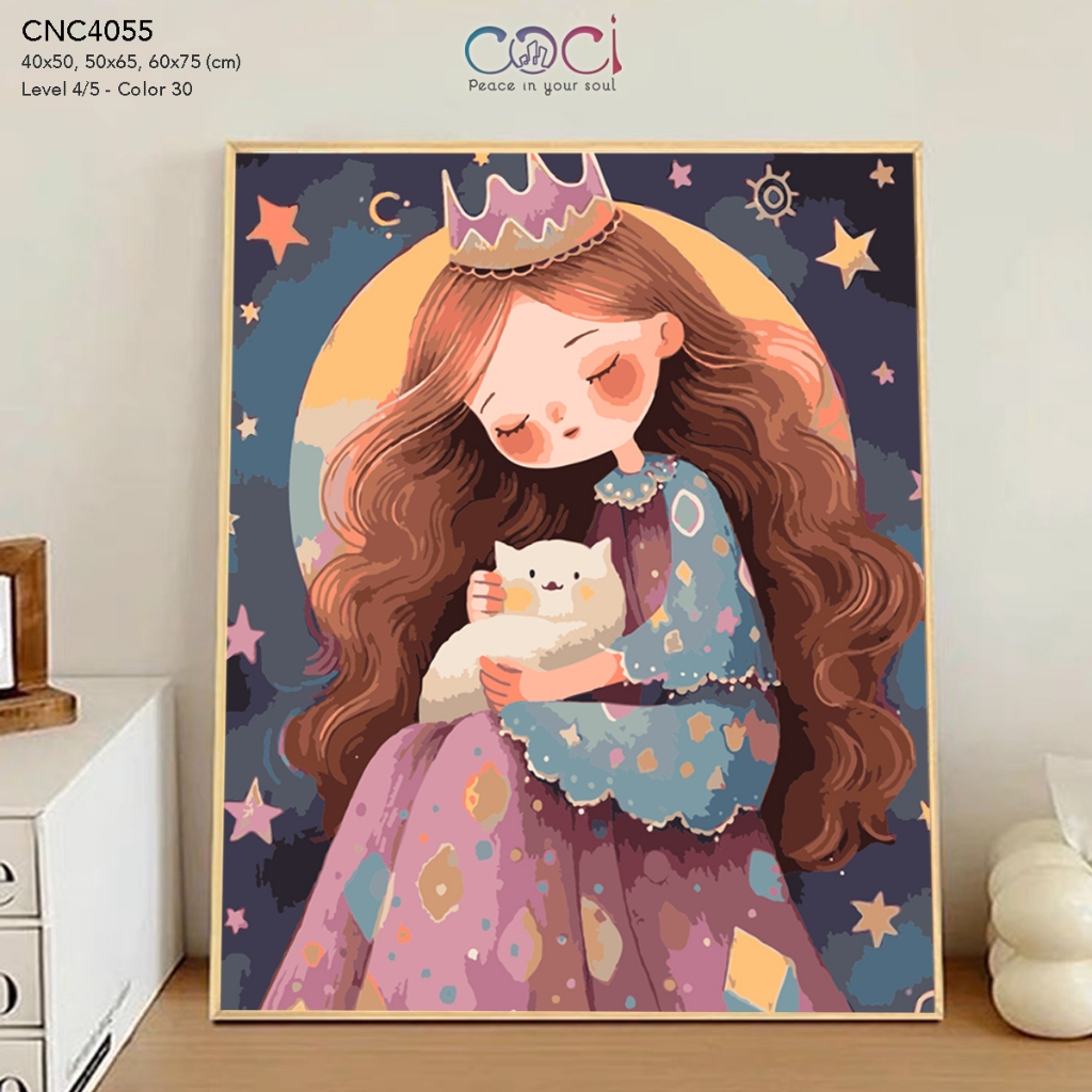 Tranh tô màu theo số cô gái công chúa ôm mèo COCI kèm khung gỗ đã căng CNC4055