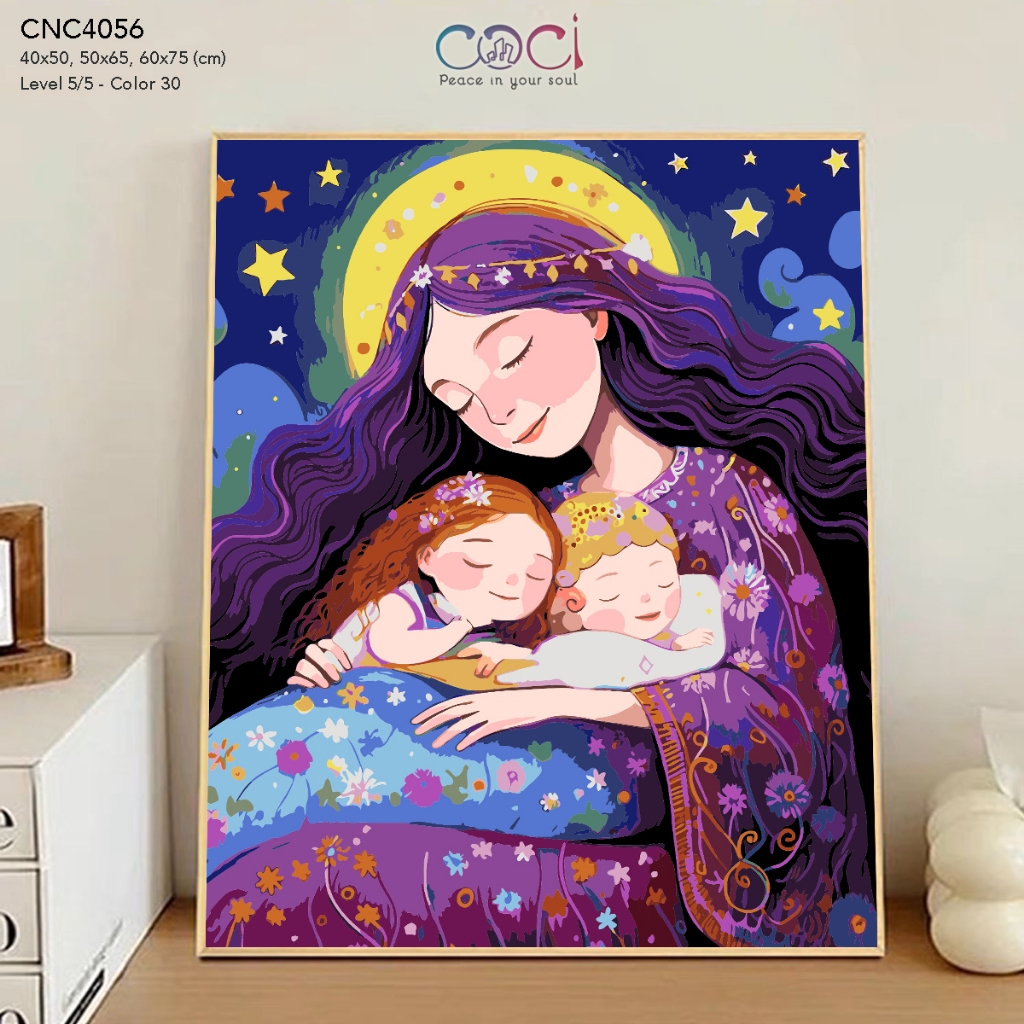 Tranh số hoá tự tô màu theo số mẹ ôm con COCI kèm khung đã căng CNC4056