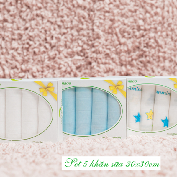 Hộp 5 Khăn Sữa Cho Bé 30x30cm Anminaza Vải Sợi Tre 2 Lớp Kháng Khuẩn-Mềm Mịn-Thấm Hút Tốt