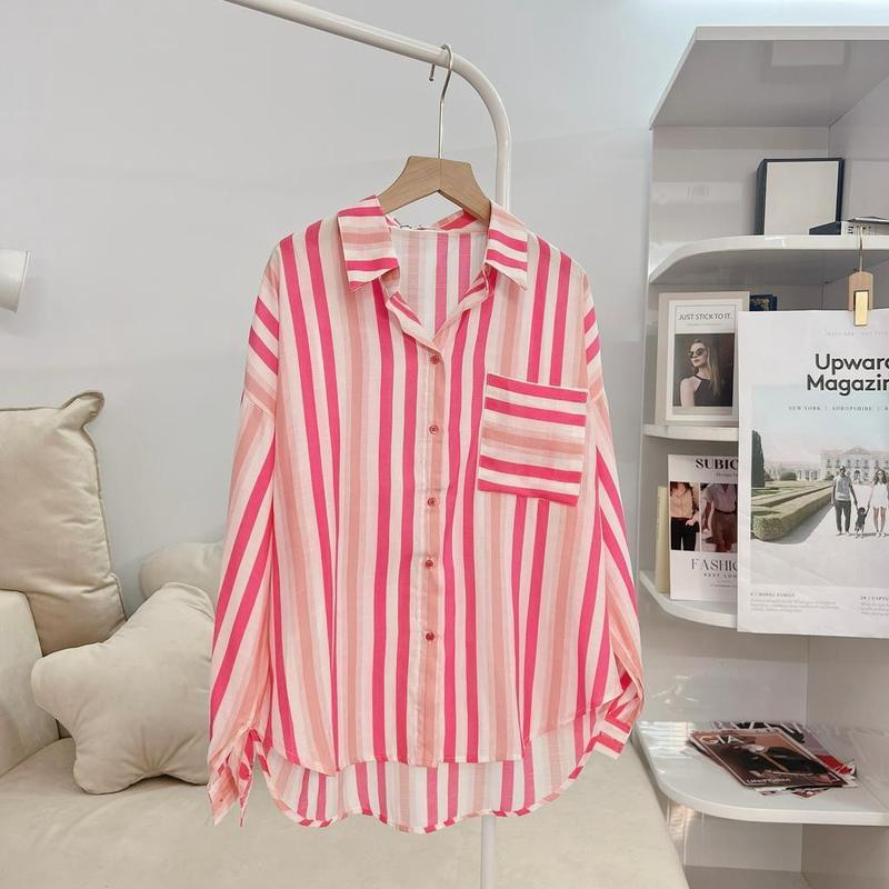 Áo Sơ Mi Nữ Kẻ Sọc Phối Màu Thời Trang Freesize, Sơ Mi Kẻ Sọc Phố
